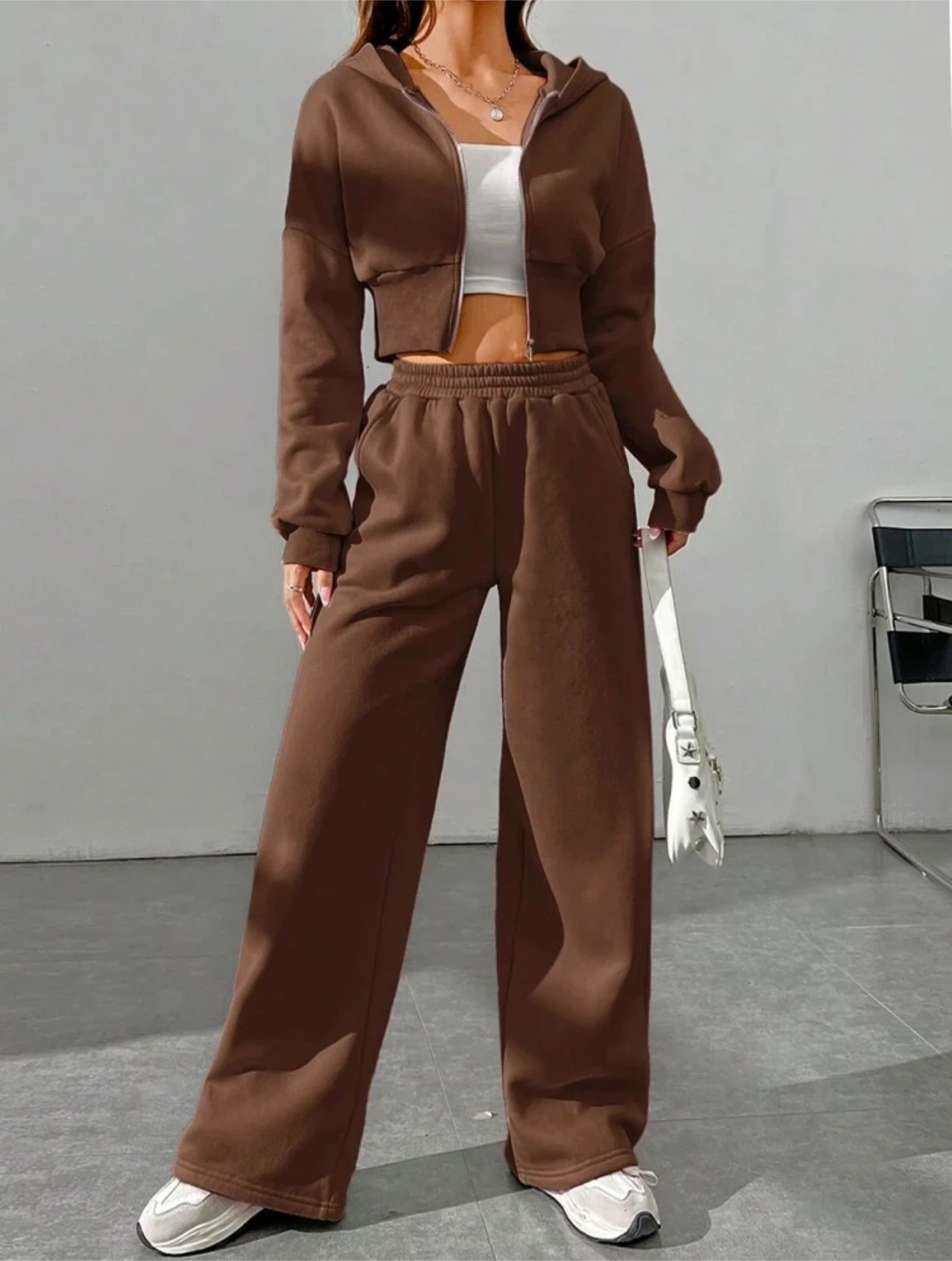 Brown Zip-Up Cropped Hoodie and Sweatpants Set