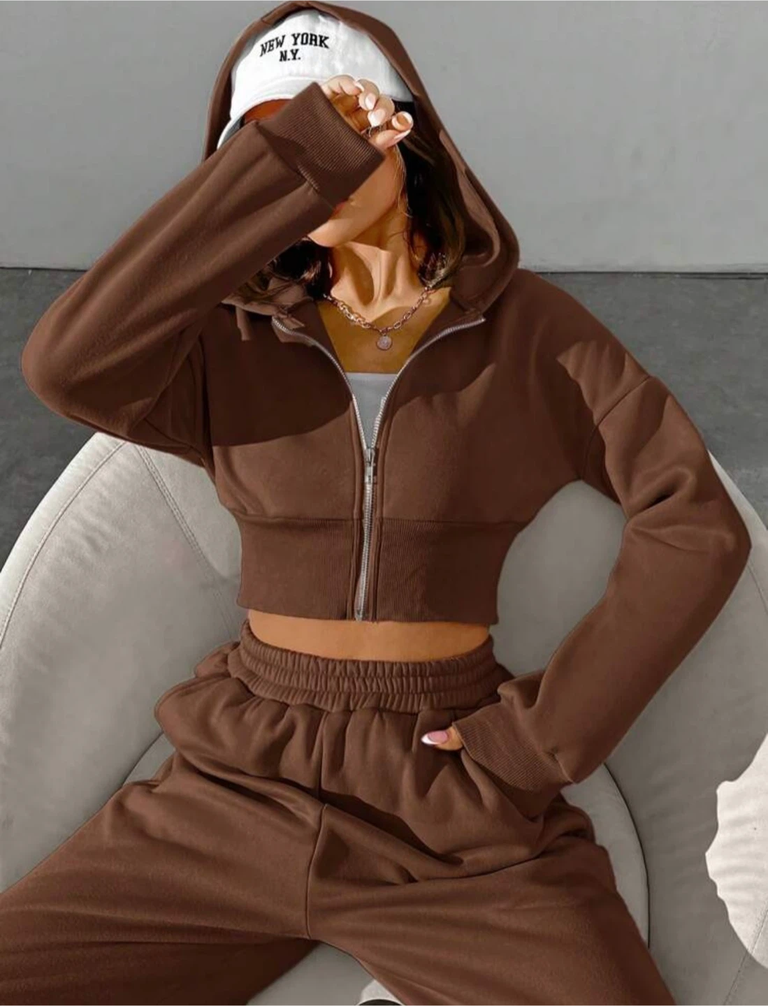 Brown Zip-Up Cropped Hoodie and Sweatpants Set - photo 5
