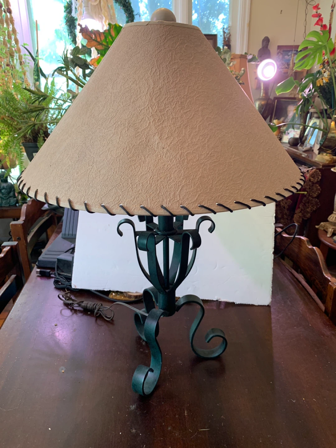 Vintage Green Wrought Iron Table Lamp with Parchment Shade.