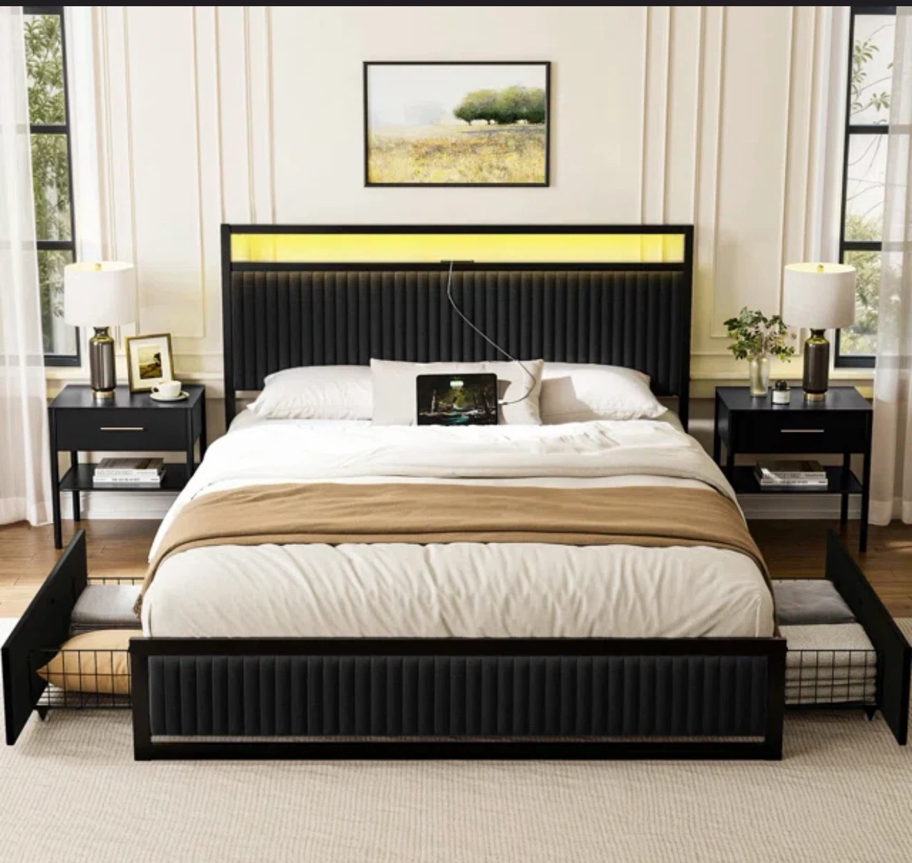 Black upholstered LED bed frame with storage