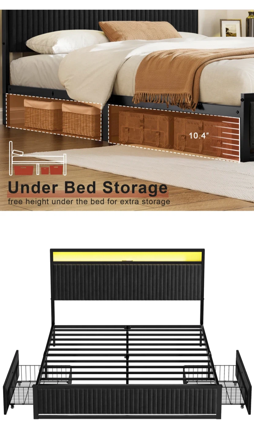 Black upholstered LED bed frame with storage - photo 2
