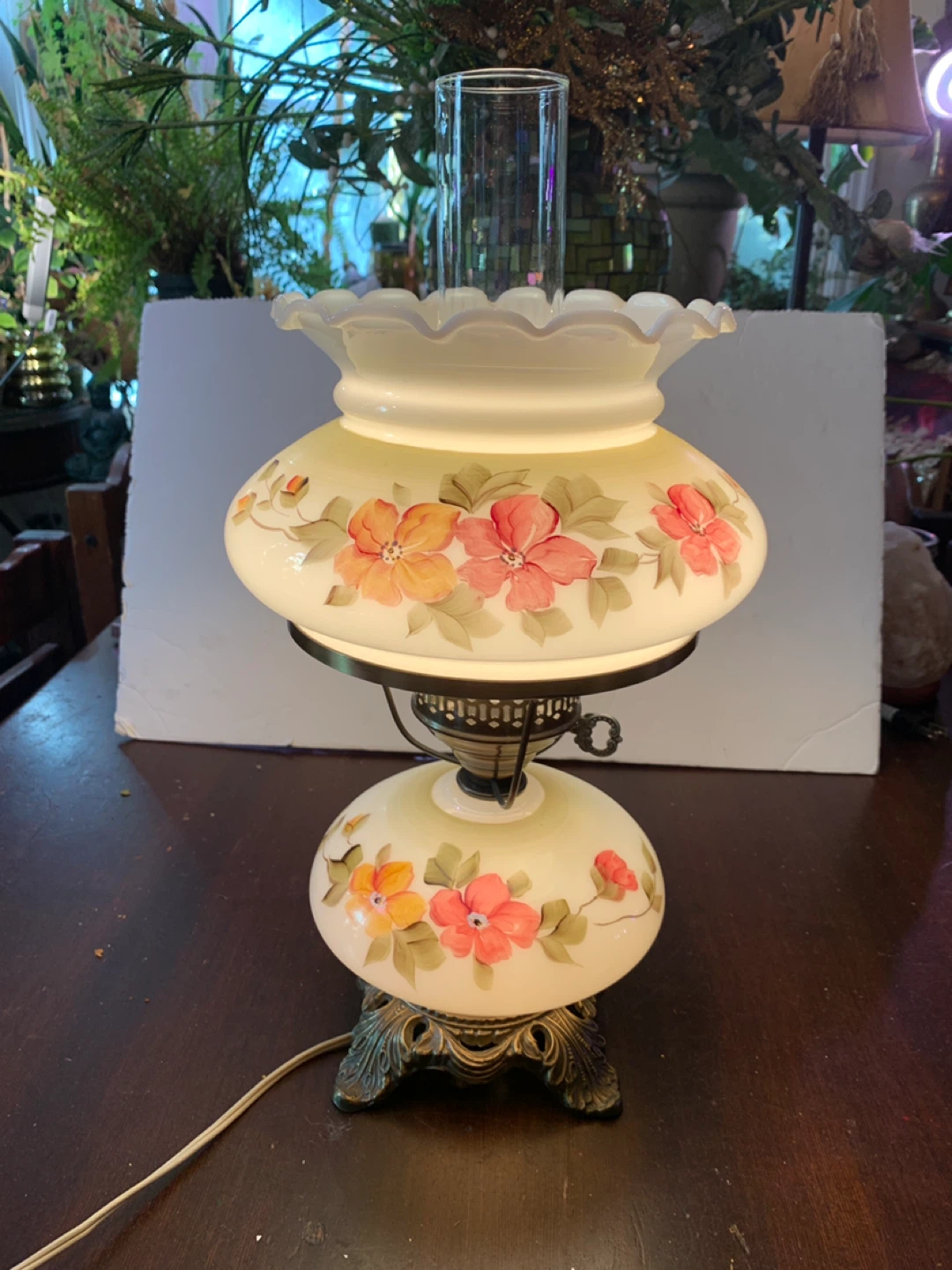Vintage Hand-Painted Floral Hurricane Lamp.