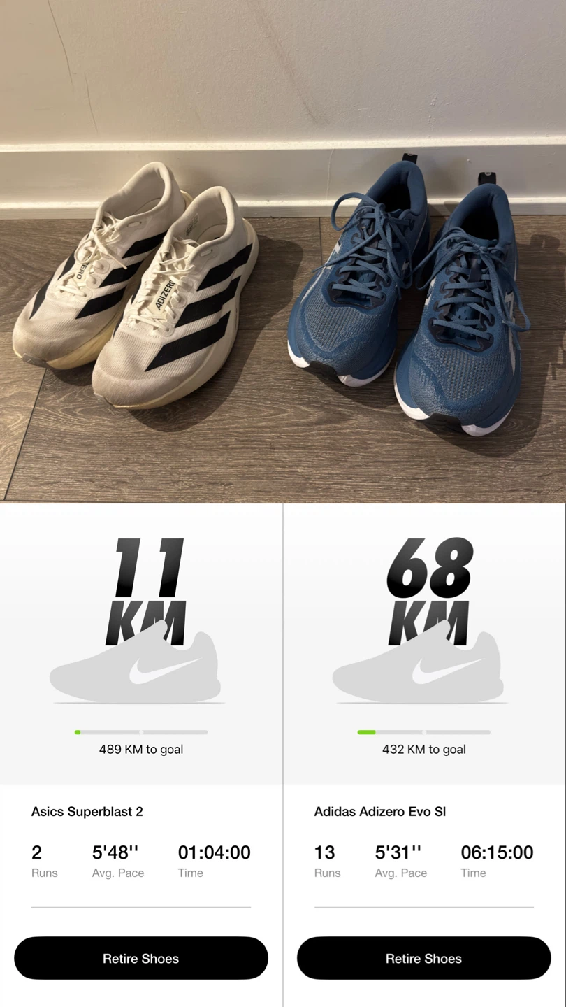 Adidas EVO SL US 8 + ASICS Superblast 2 US 8.5 | Running Shoes