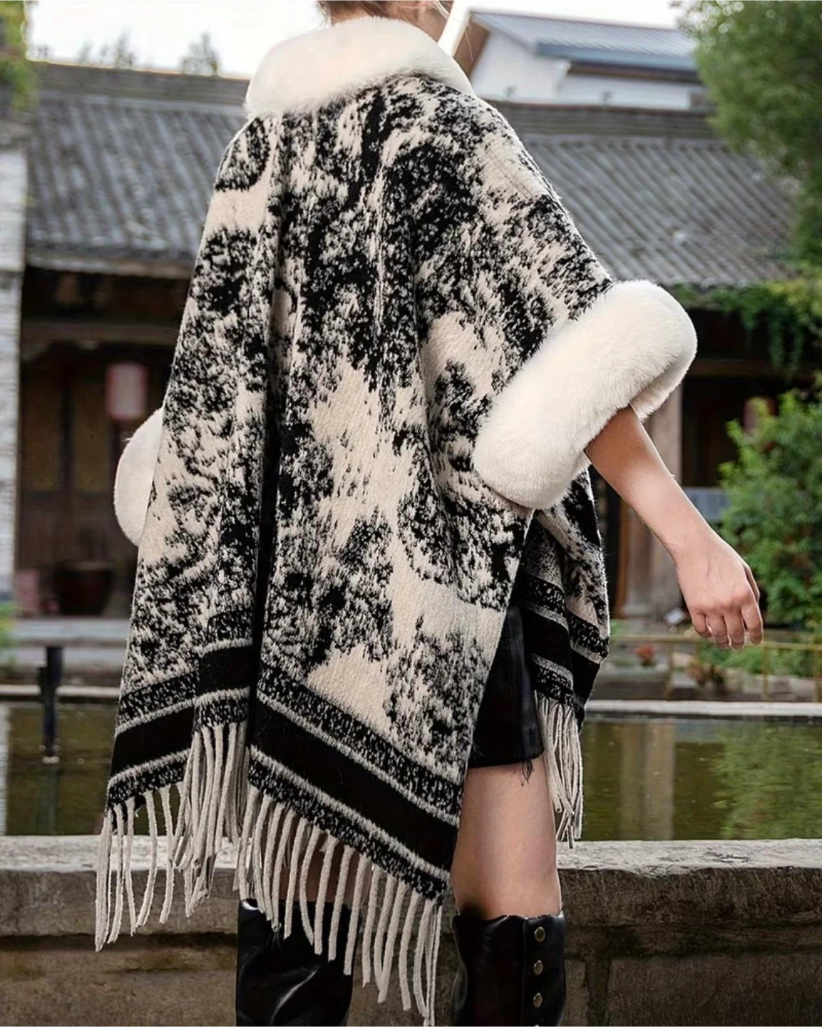 Faux Fur Trim Knit Poncho - photo 3