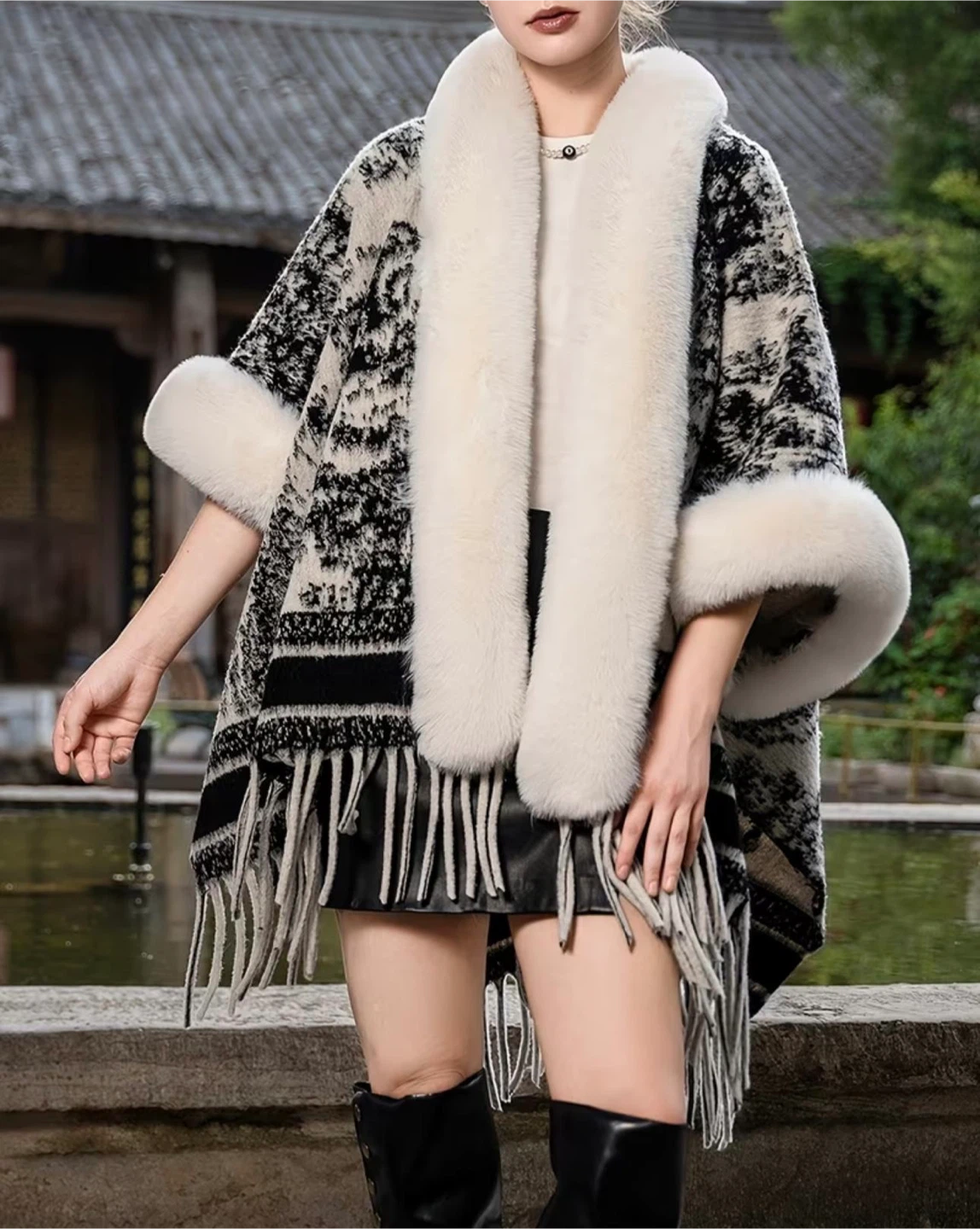 Faux Fur Trim Knit Poncho - photo 4