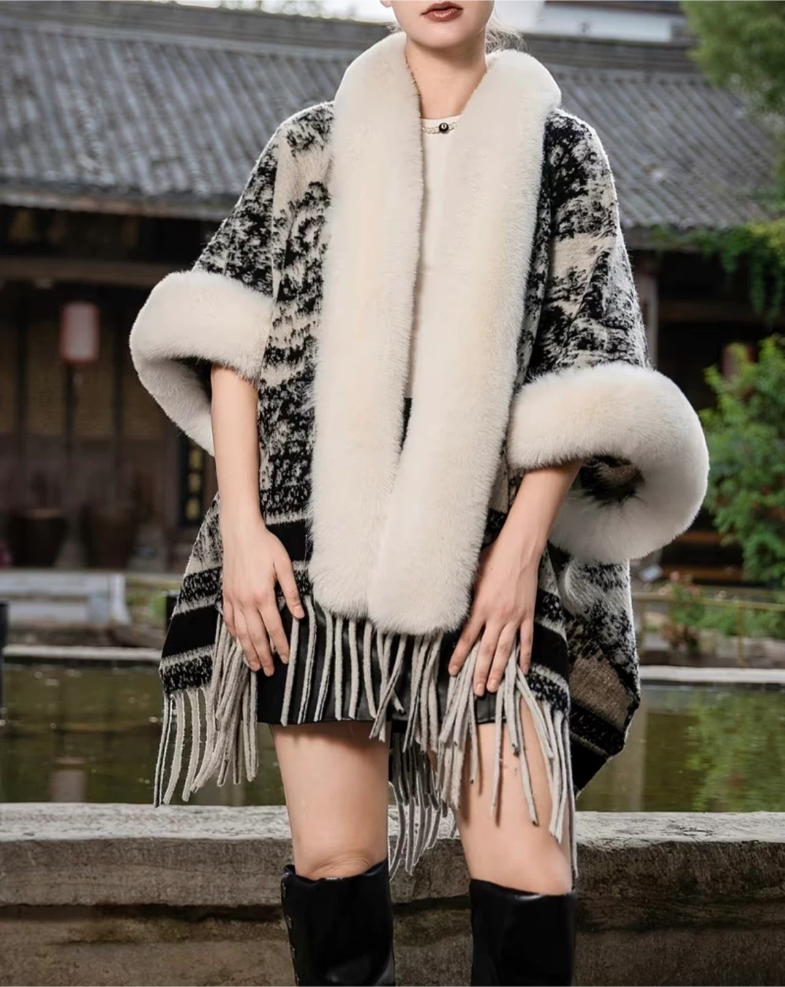 Faux Fur Trim Knit Poncho - photo 5