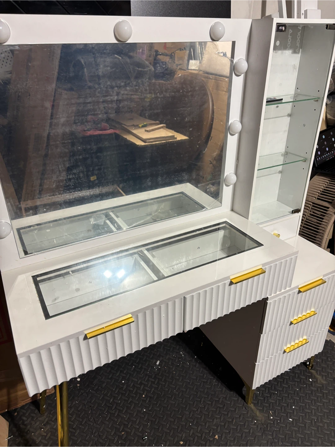 White Vanity Desk with Lights and Glass Top