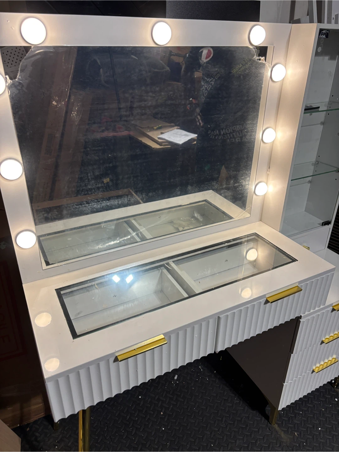 White Vanity Desk with Lights and Glass Top - photo 2