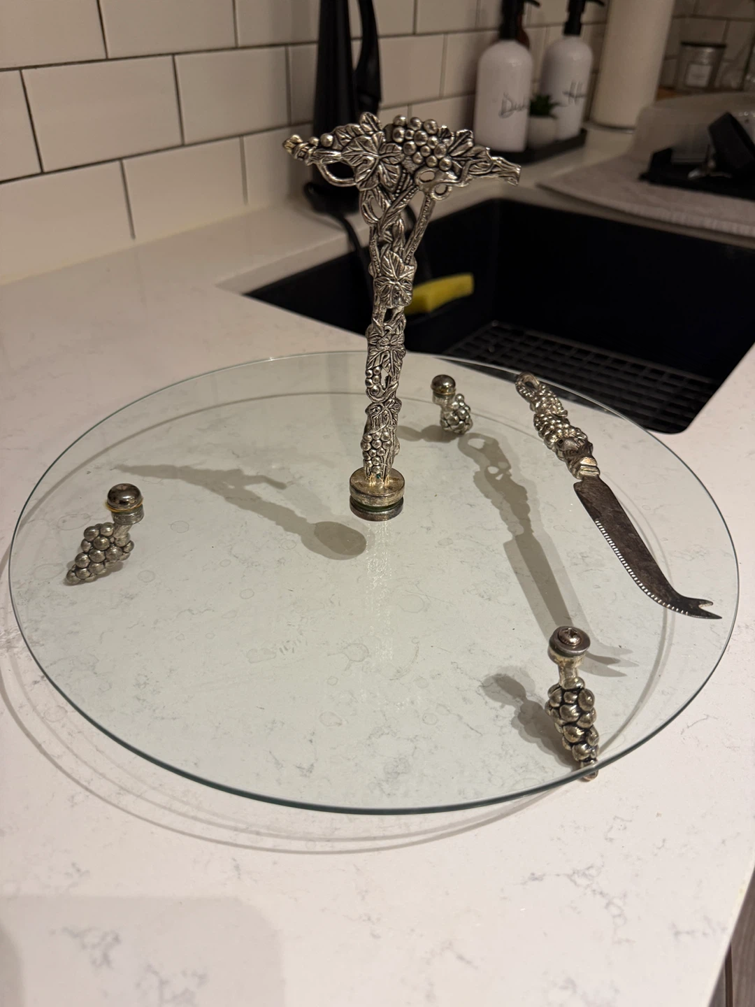 Glass and Silver Grape Motif Cheese Serving Tray