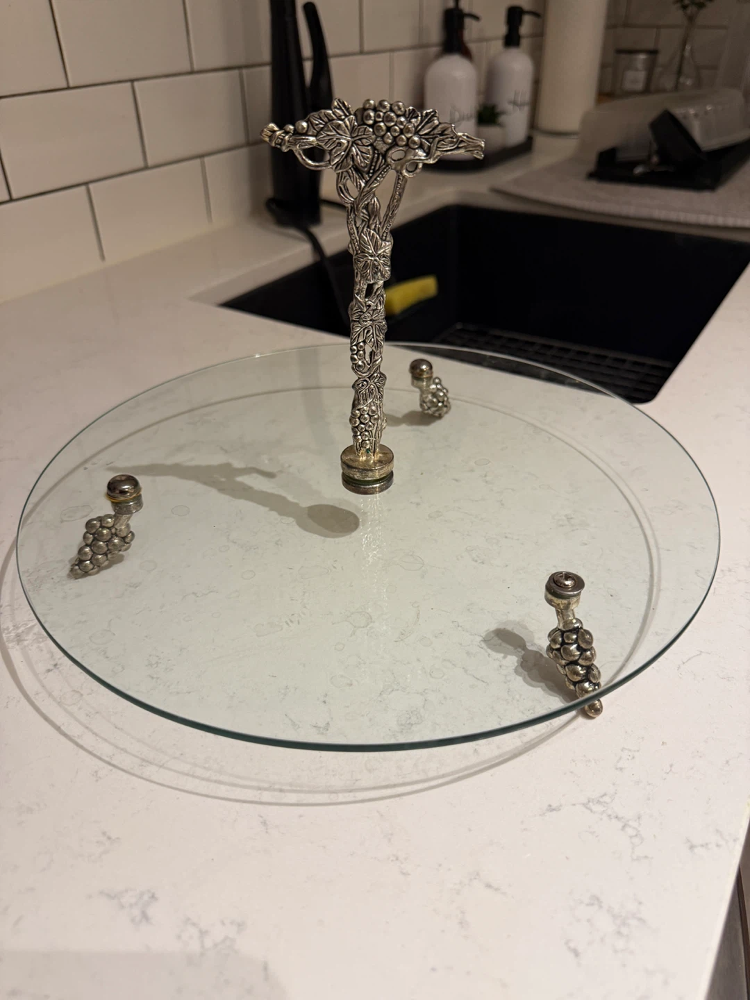 Glass and Silver Grape Motif Cheese Serving Tray - photo 3