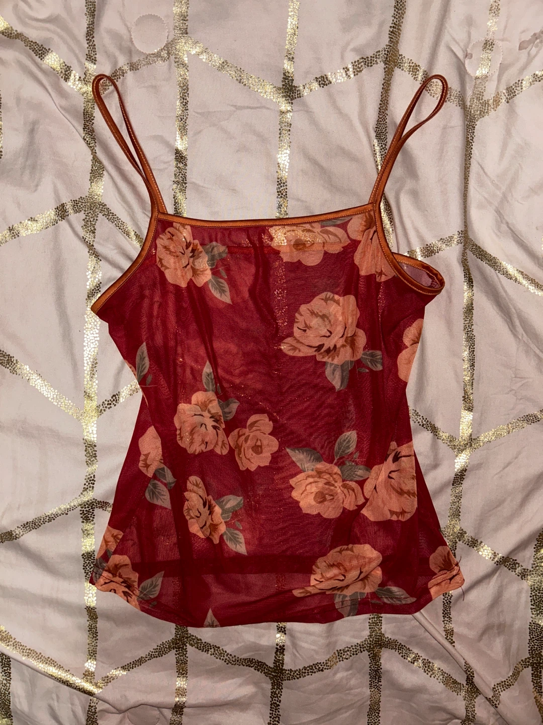 red floral mesh top
