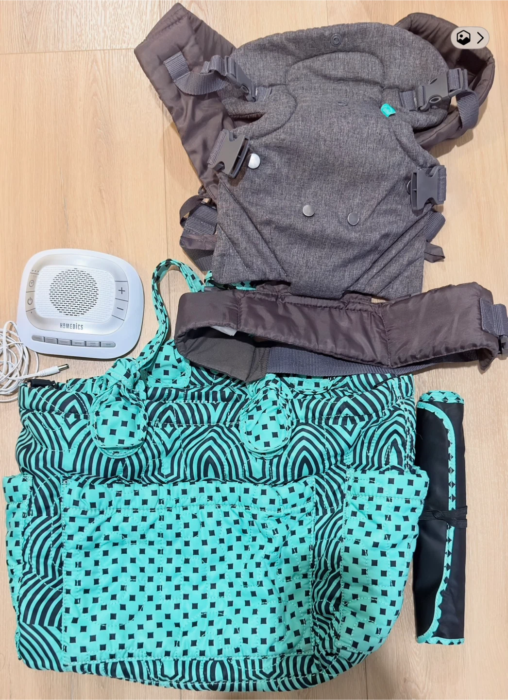 Baby Carrier, Diaper Bag, and Sound Machine Bundle
