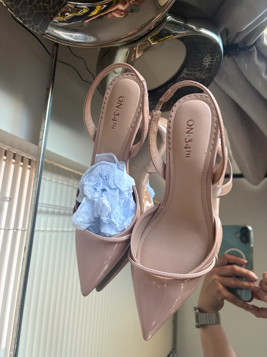 ON.34TH Nude Patent Slingback Heels