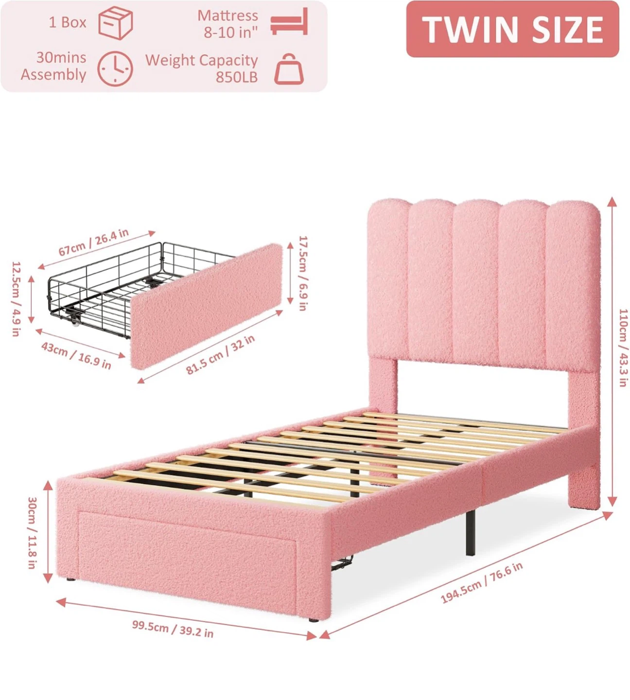 Pink Twin Size Bed Frame with Storage - photo 2