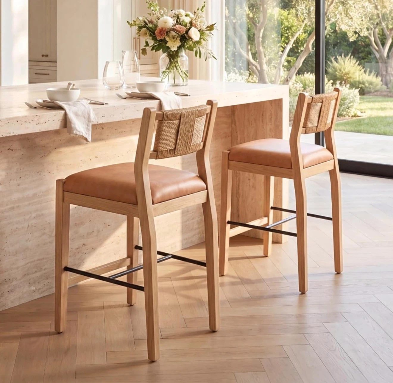 Set of 2 Bar Stools with Woven Backrest
