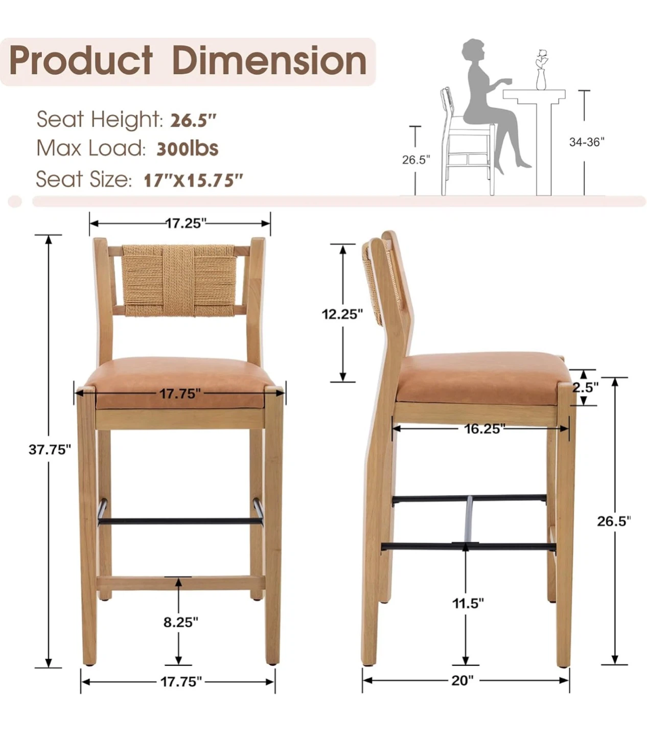 Set of 2 Bar Stools with Woven Backrest - photo 2