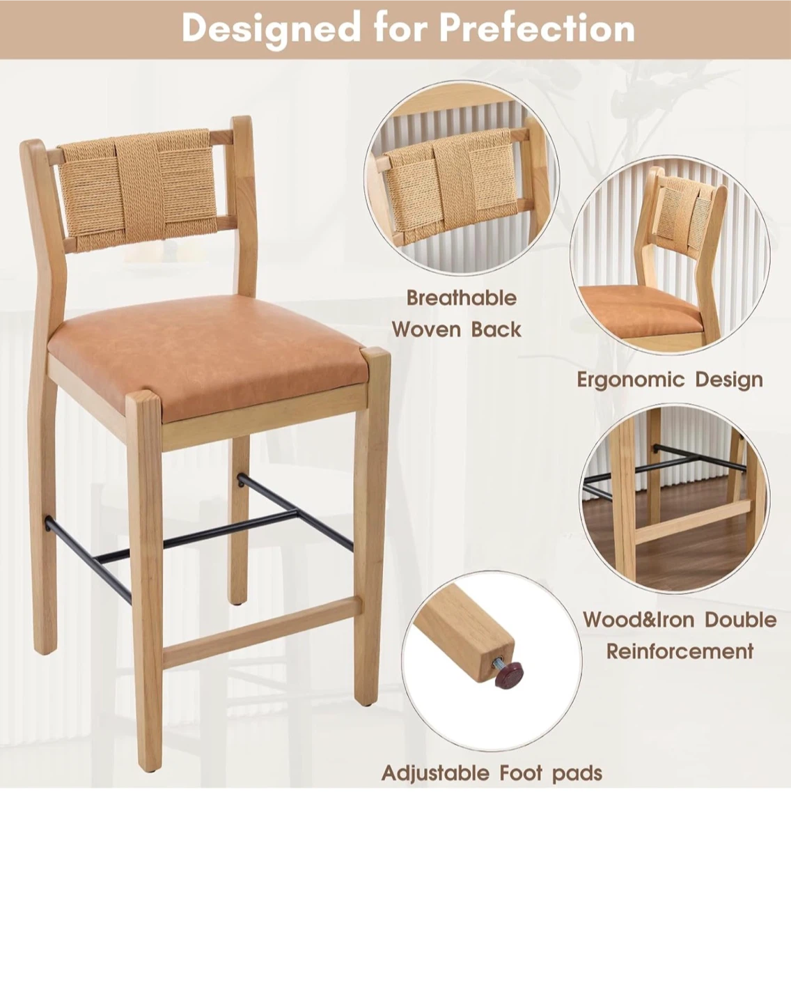 Set of 2 Bar Stools with Woven Backrest - photo 4
