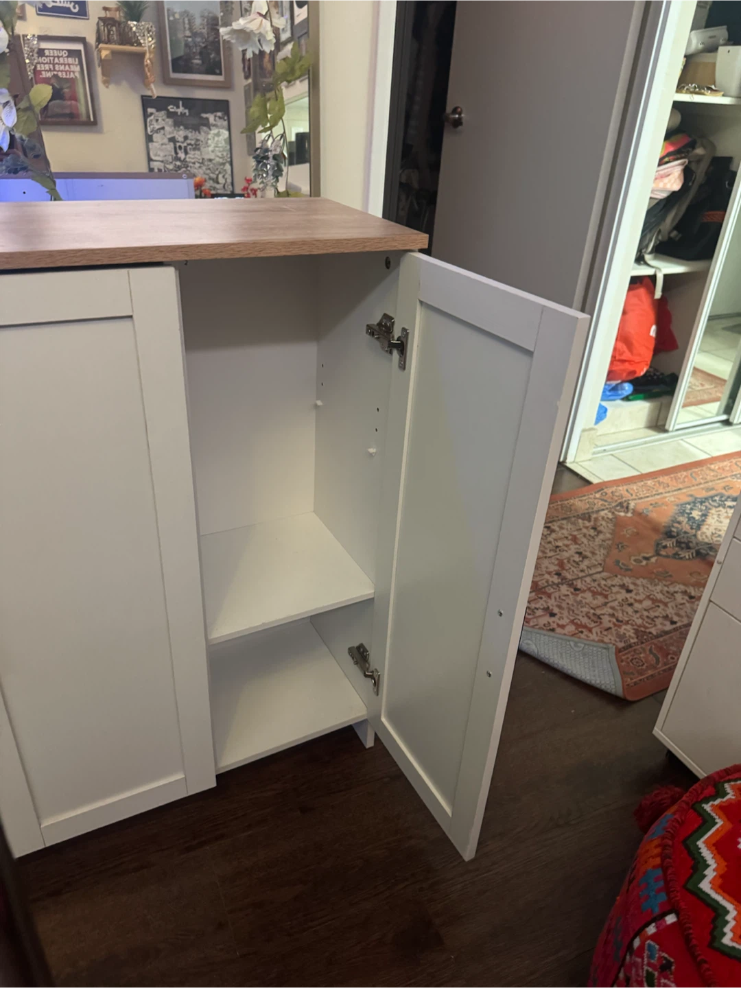 White Storage Cabinet with Wood-Effect Top