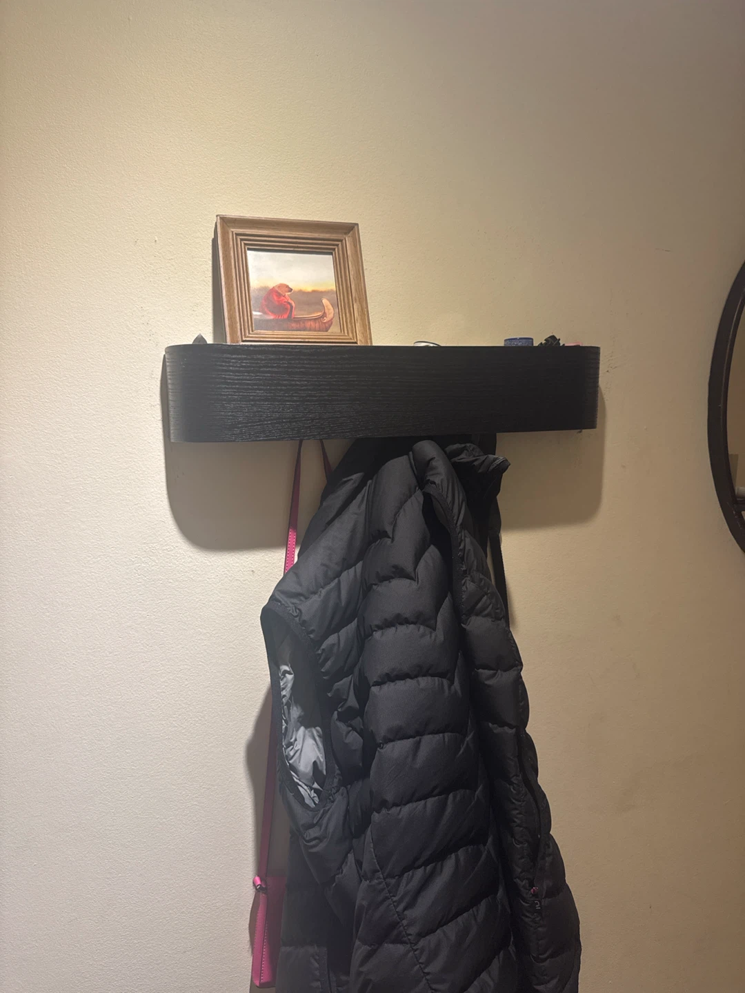Black Floating Wall Shelf with 6 jacket Hooks