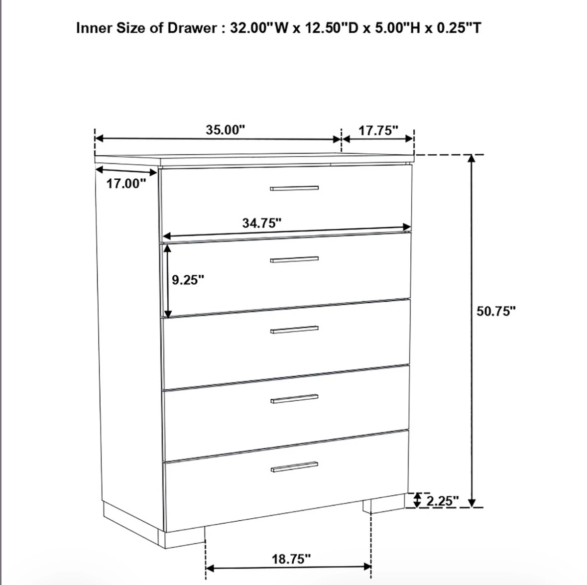 White 5-Drawer Chest of Drawers Dresser, Silver Tone Handles - photo 4