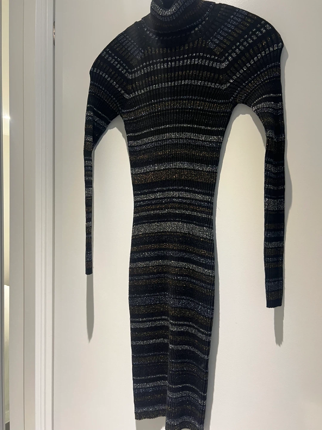 Ribbed Turtleneck Metallic Striped Dress