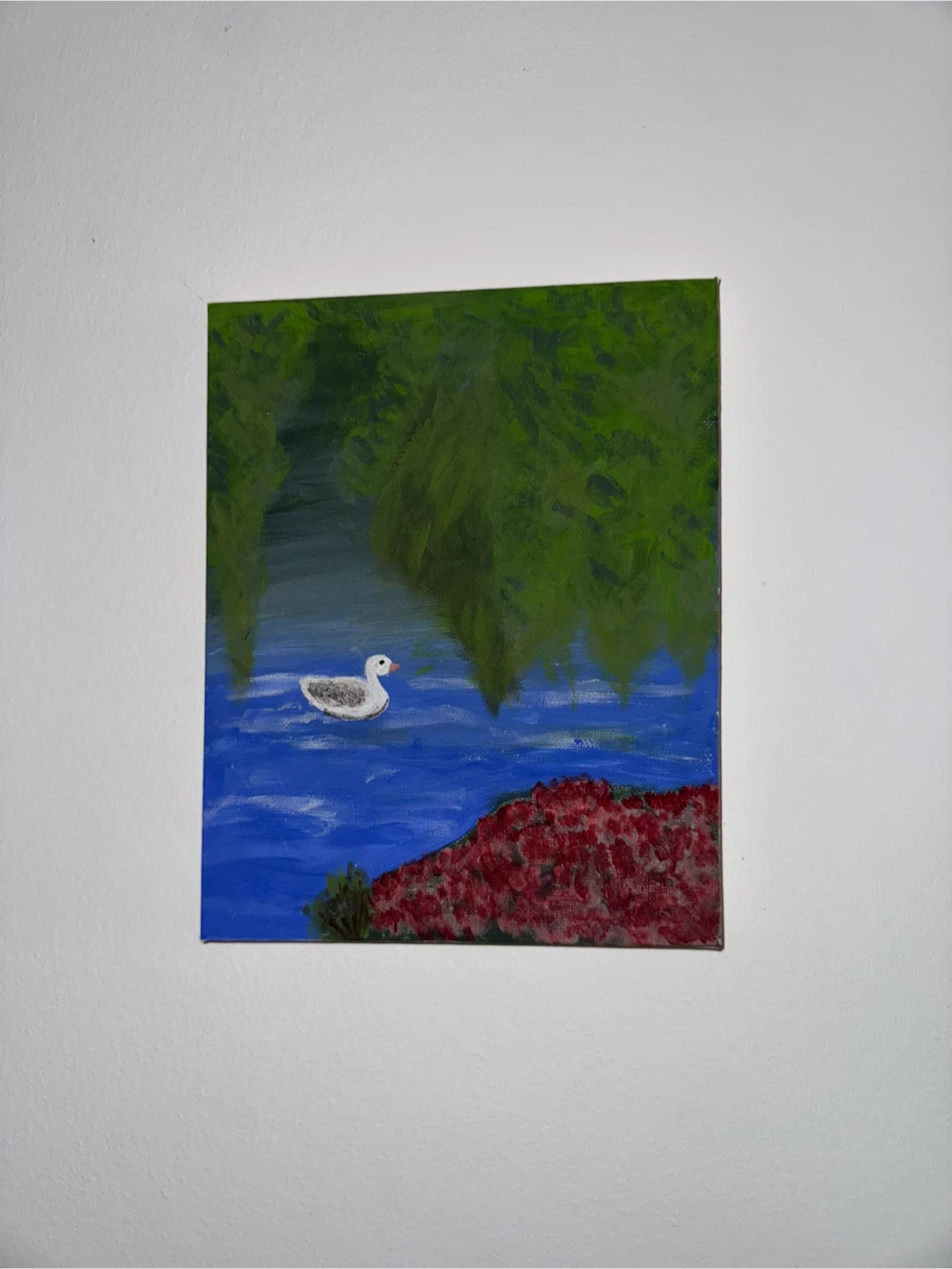 Hand-painted duck on pond canvas art