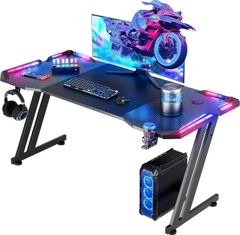 HLDIRECT 47 Inch Z-Shaped Gaming Desk with LED