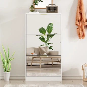 Wood Shoe Storage Cabinet with 3 Mirrored Drawers