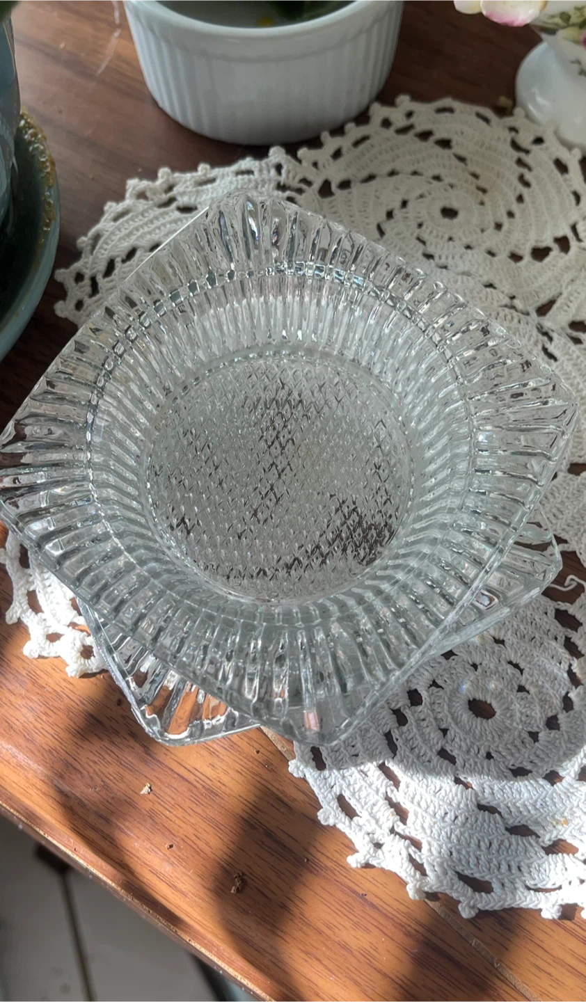 MCM Vintage Pressed Clear Glass Square Ashtrays, pair