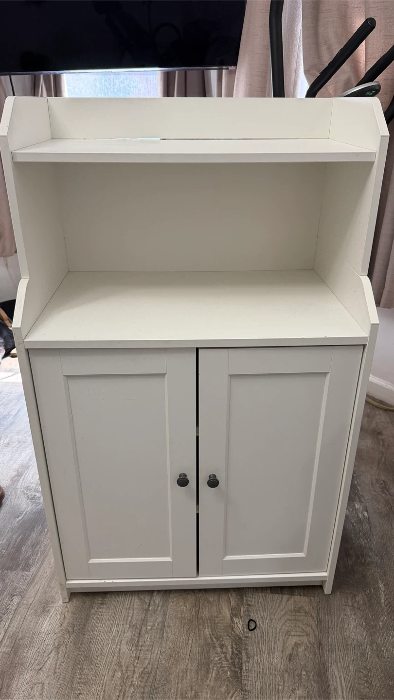 White storage cabinet with open shelf