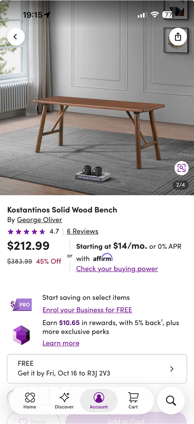 New In Box Solid Wood Bench.