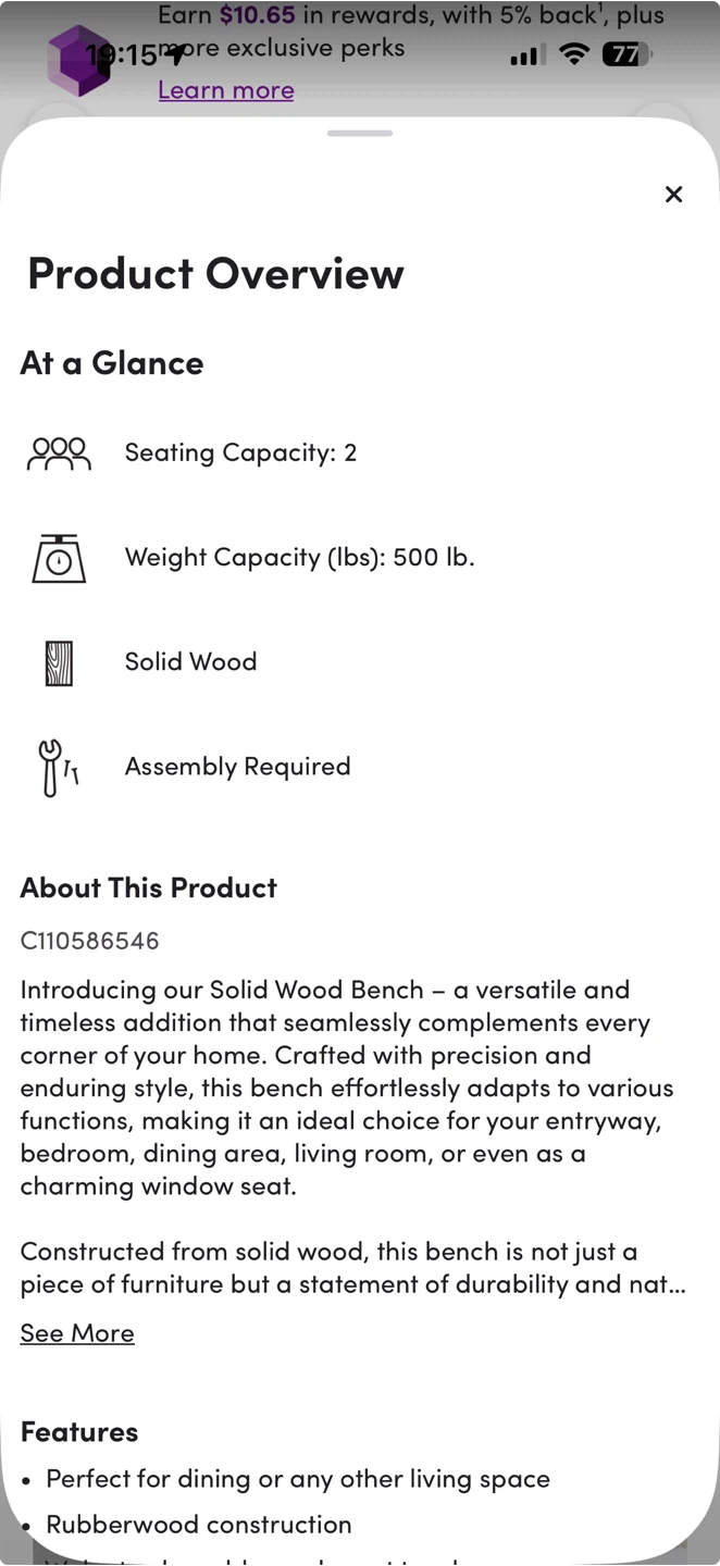New In Box Solid Wood Bench. - photo 3