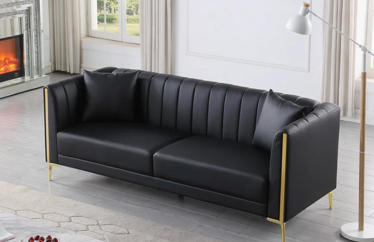Modern Black Velvet Sofa with Gold Legs