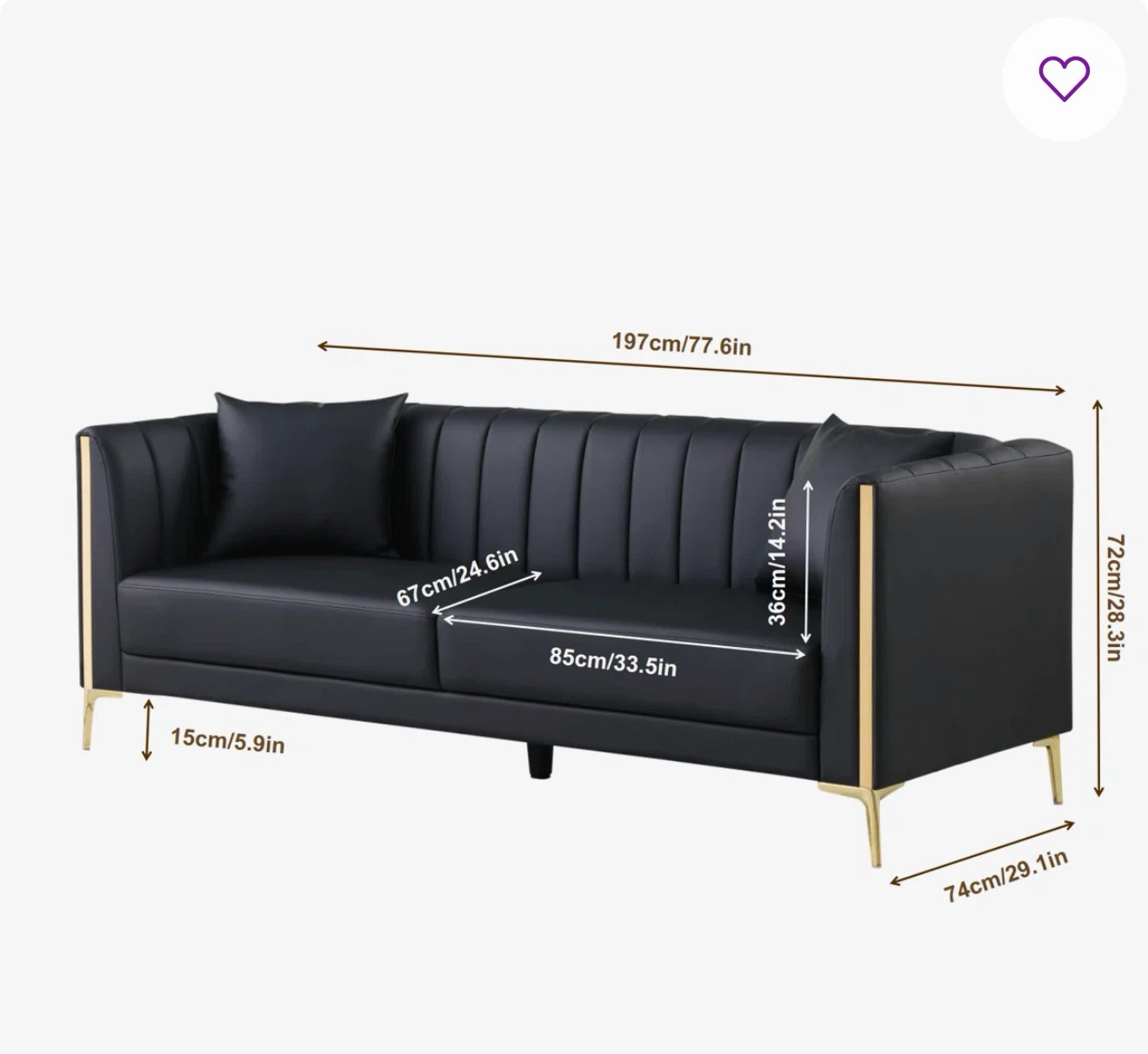 Modern Black Velvet Sofa with Gold Legs - photo 2