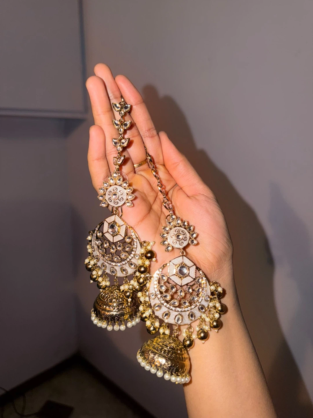 Gold and White Traditional Jhumka Earrings with Maang Tikka