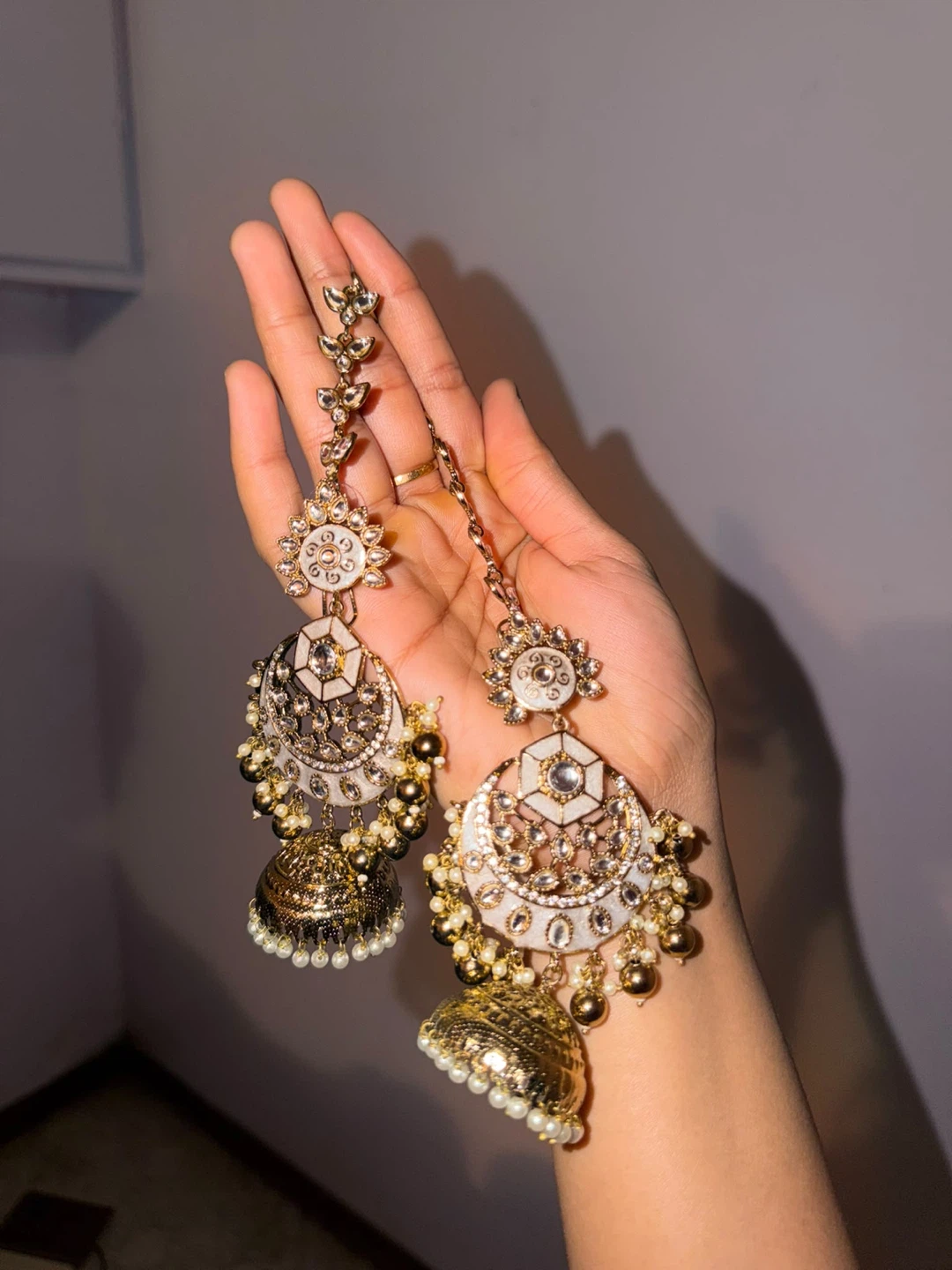 Gold and White Traditional Jhumka Earrings with Maang Tikka - photo 2