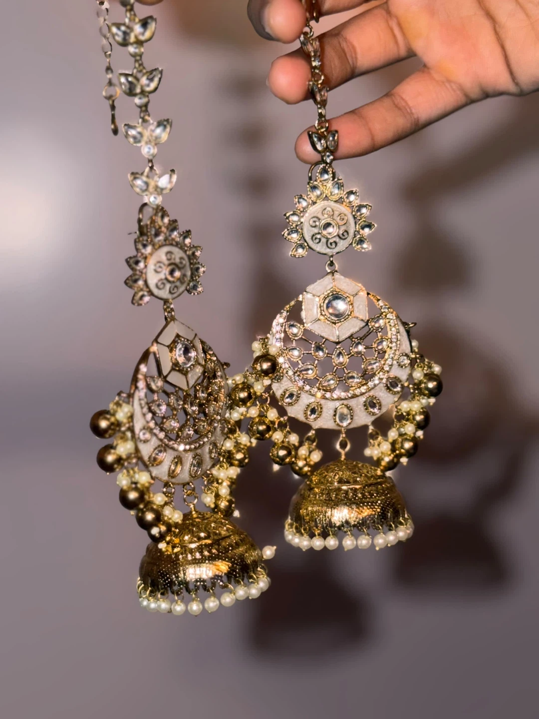 Gold and White Traditional Jhumka Earrings with Maang Tikka - photo 3