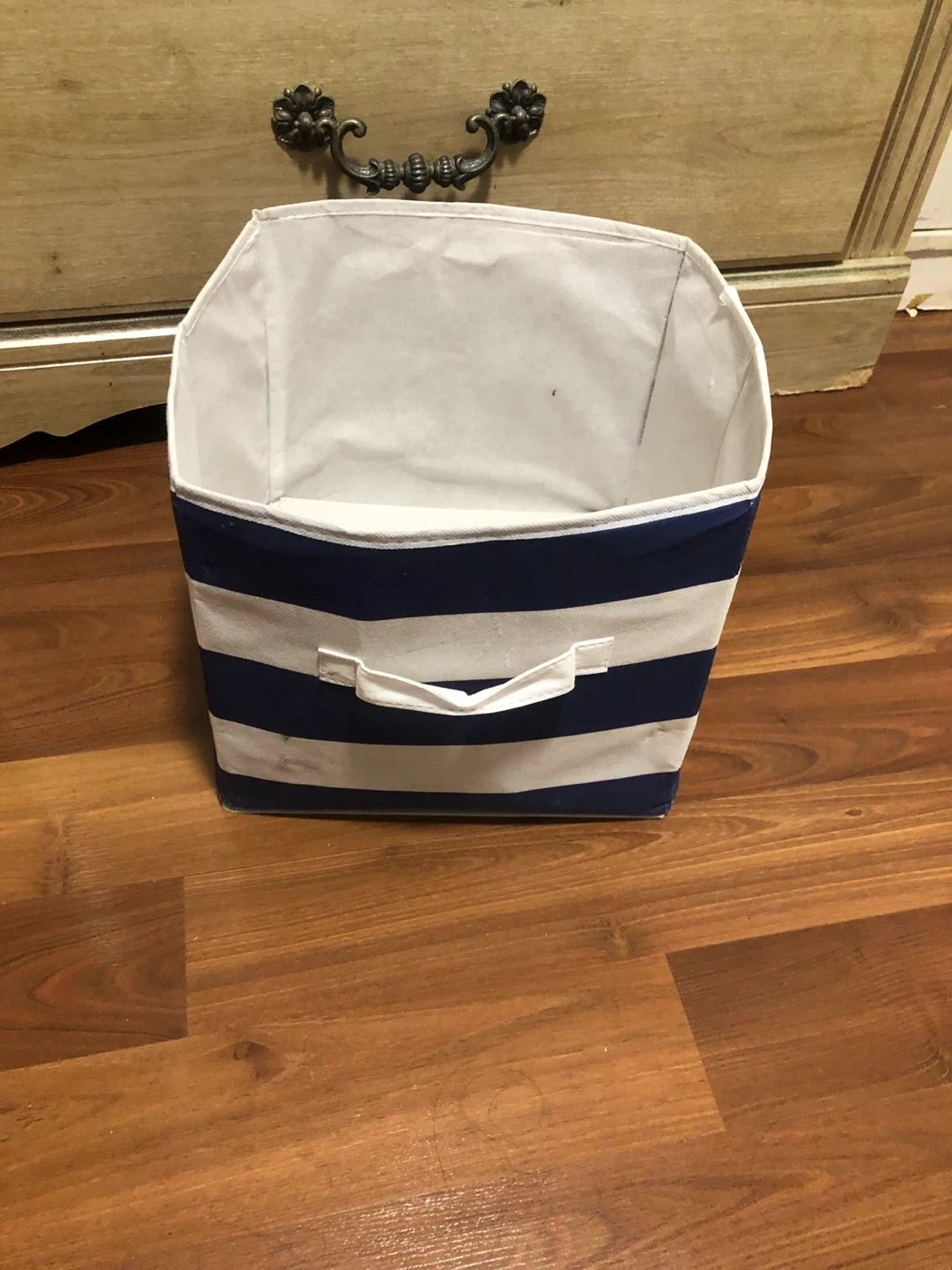 Blue and White Striped Storage Bin