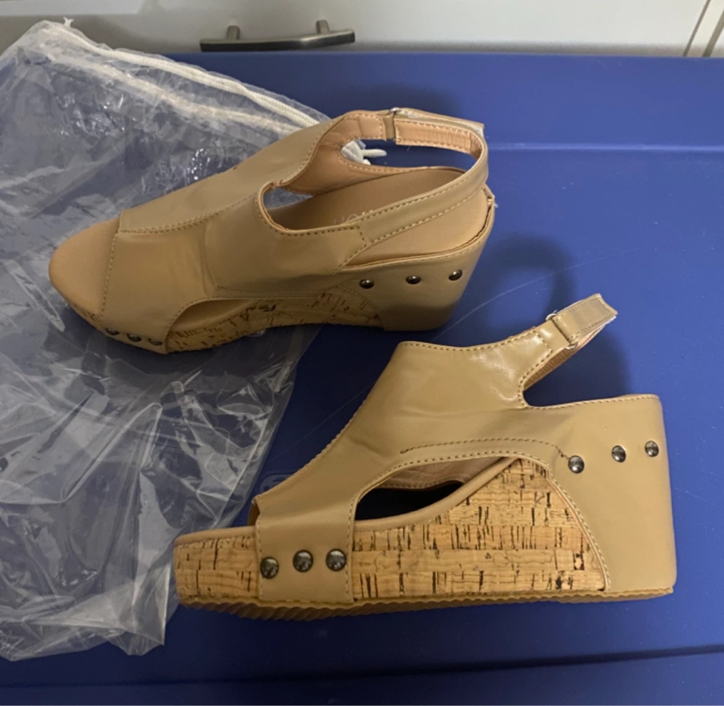 BEIGE CORK WEDGE PEEP TOE SANDALS – SIZE 40 NEW