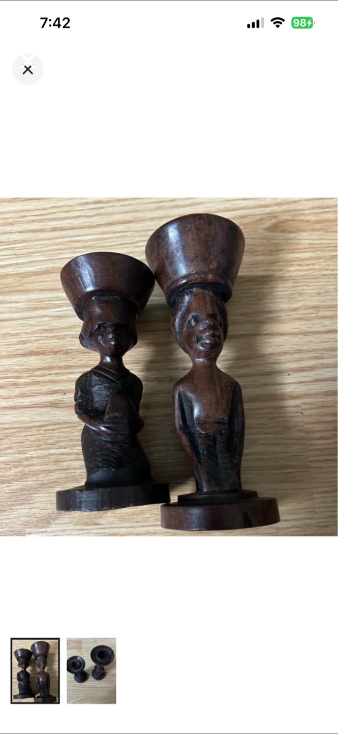 Set of Two Hand-Carved Wooden Figure Candle Holders