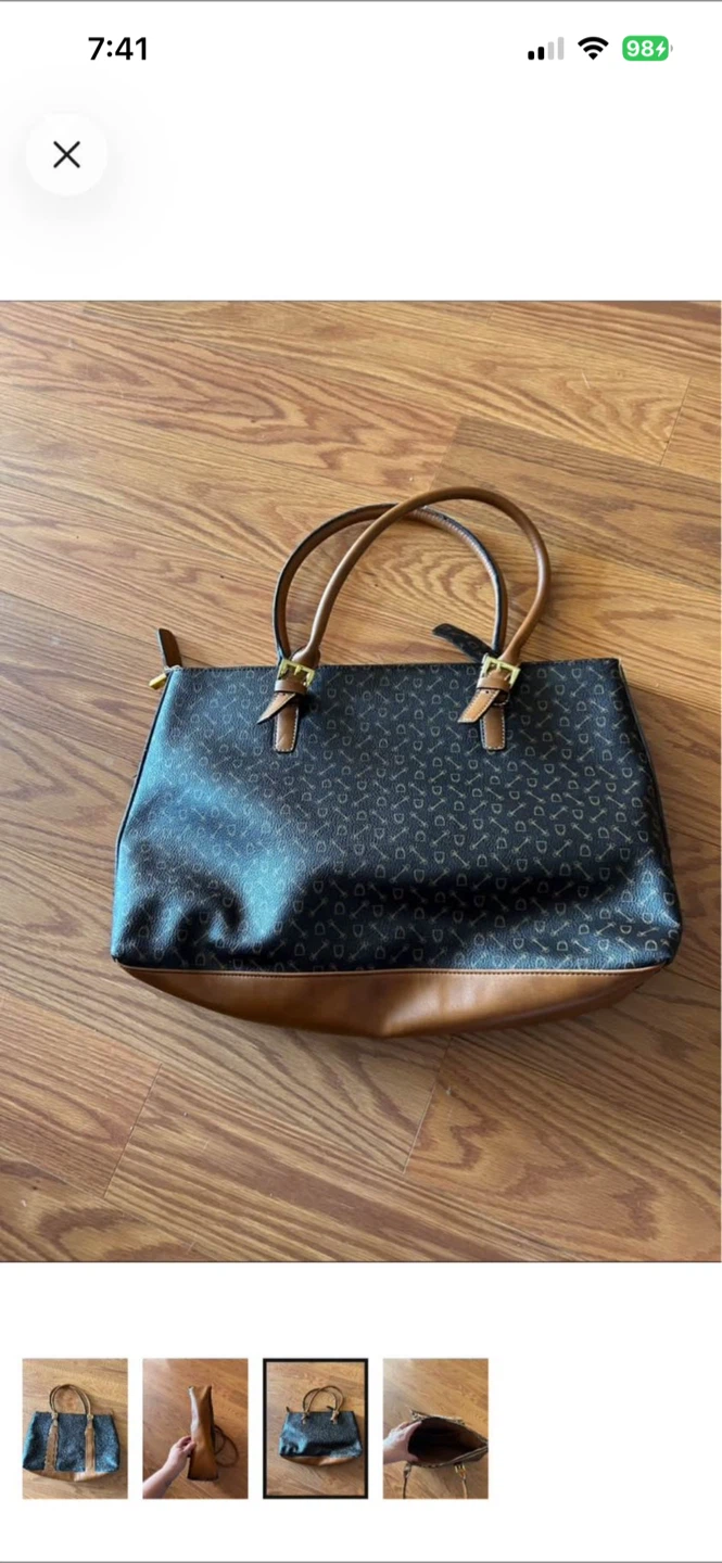 Tote bag with brown and black patterned exterior