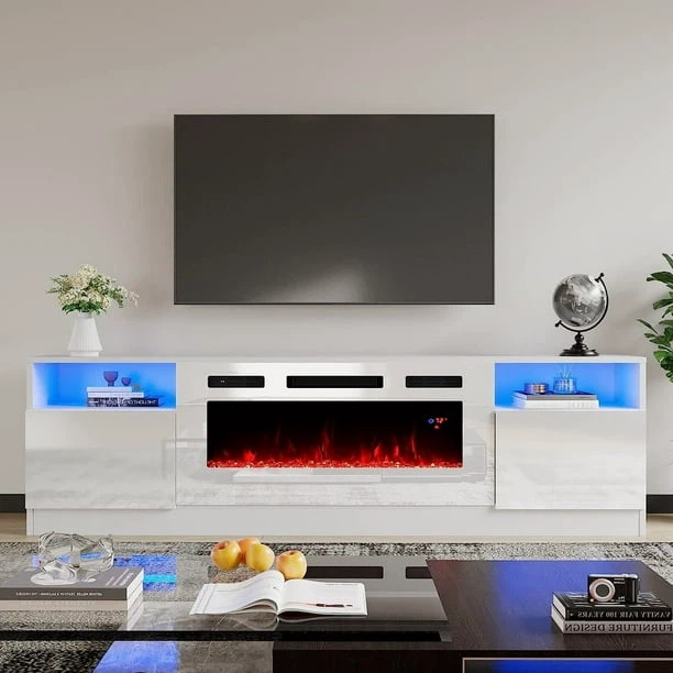 Modern White LED TV Stand with Electric Fireplace
