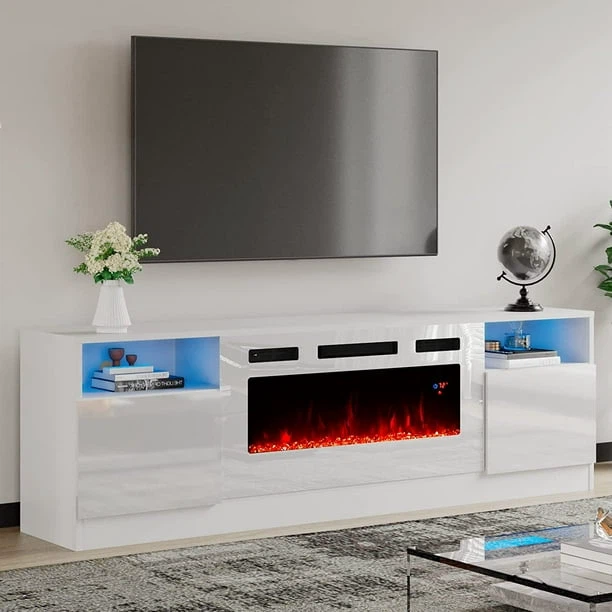 Modern White LED TV Stand with Electric Fireplace - photo 2