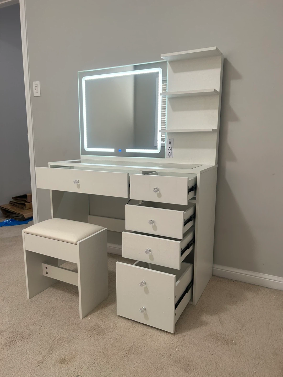 White Vanity Table with LED Mirror and Stool