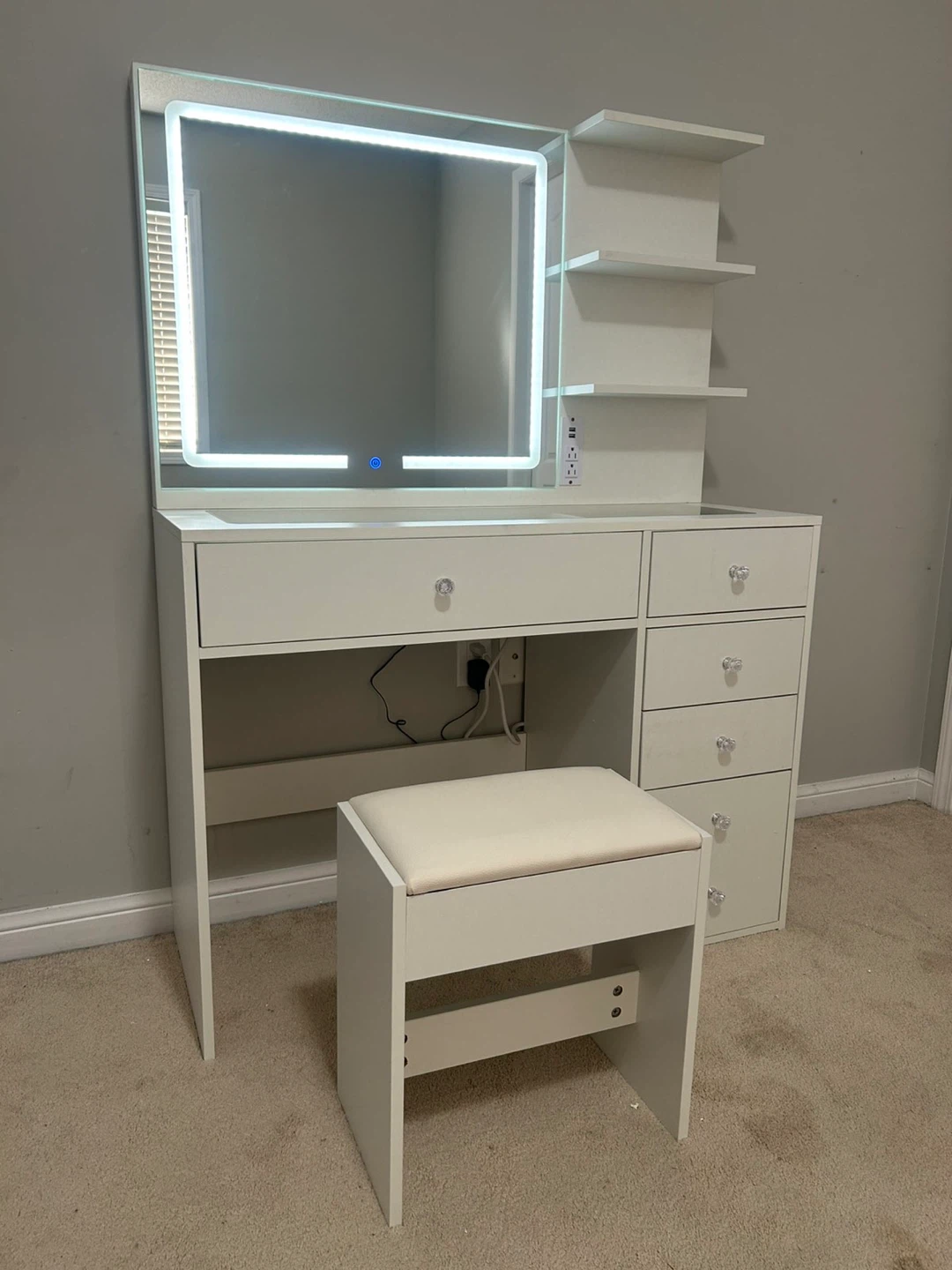 White Vanity Table with LED Mirror and Stool - photo 3