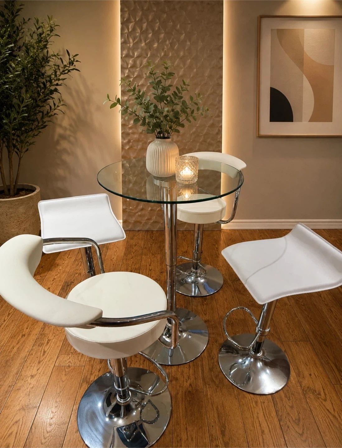Glass Bistro Table and Three Bar Stools
