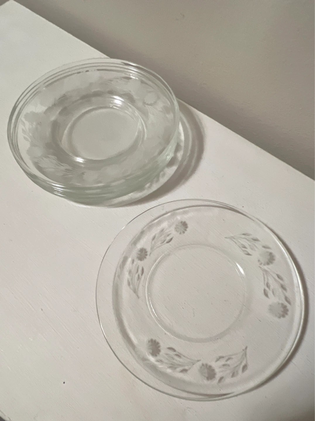 Vintage Etched Clear Glass Floral Saucers - 6