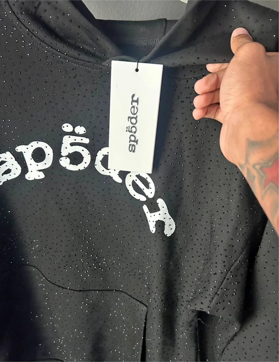 Sp5der Black Hoodie with Rhinestones
