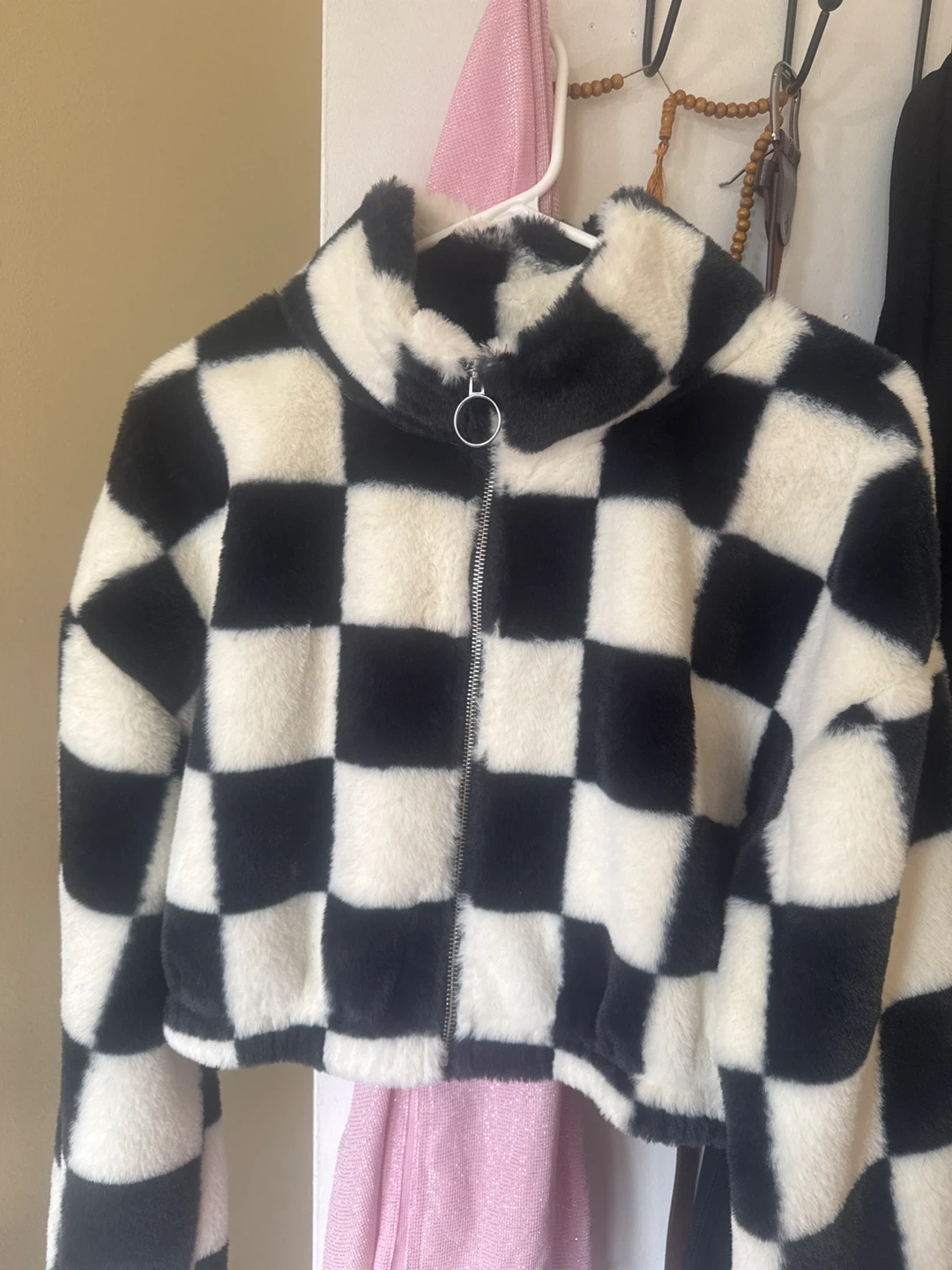 Streetwear Society Faux Fur Checkerboard Jacket