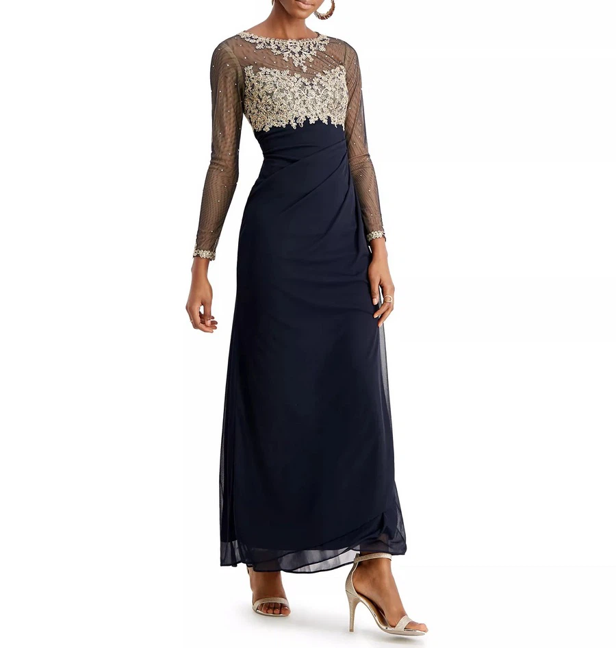 Xscape Navy Long-Sleeve Evening Gown with Gold Embroidery